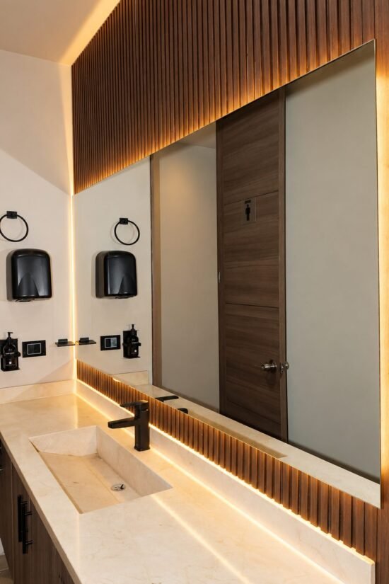 Baño renovado con lavamanos en mármol y espejo iluminado en Hotel BGA Bucaramanga