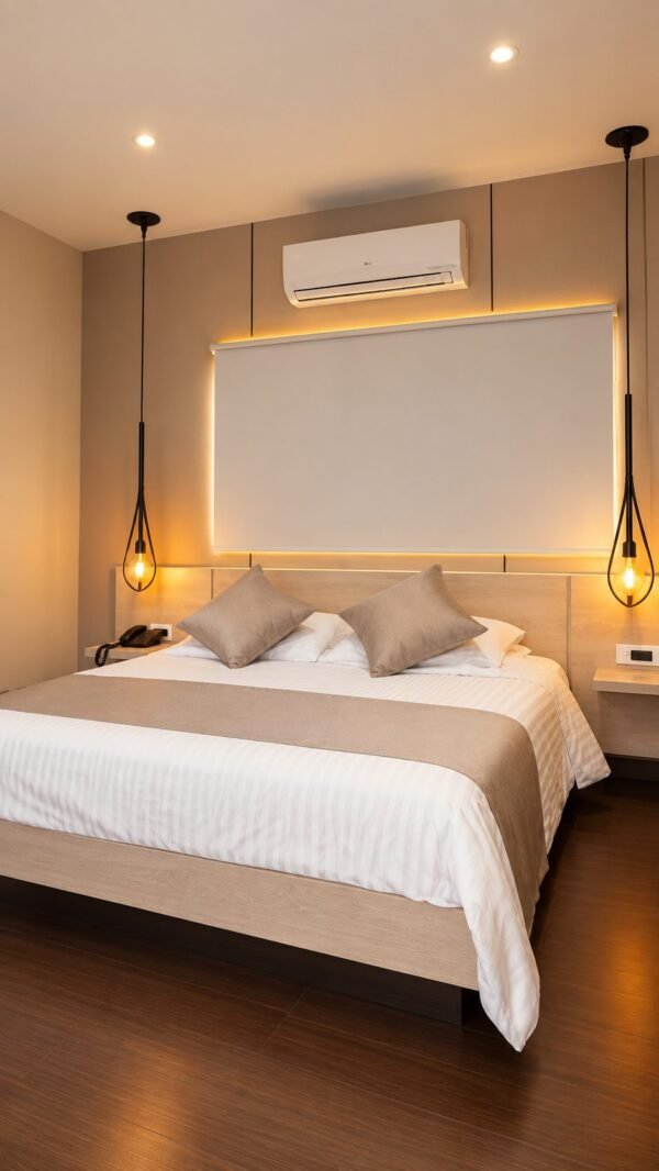 Habitación renovada con cama doble y lámparas colgantes en Hotel BGA Bucaramanga