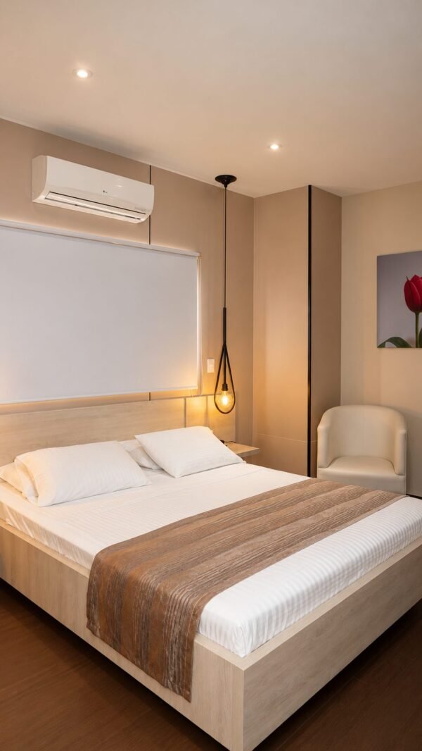 Habitación renovada con cama doble y sillón en Hotel BGA Bucaramanga