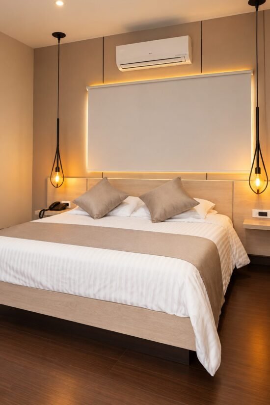Habitación renovada con cama doble y lámparas colgantes en Hotel BGA Bucaramanga