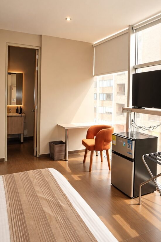 Escritorio, televisor y minibar junto a la ventana en habitación del Hotel BGA Bucaramanga